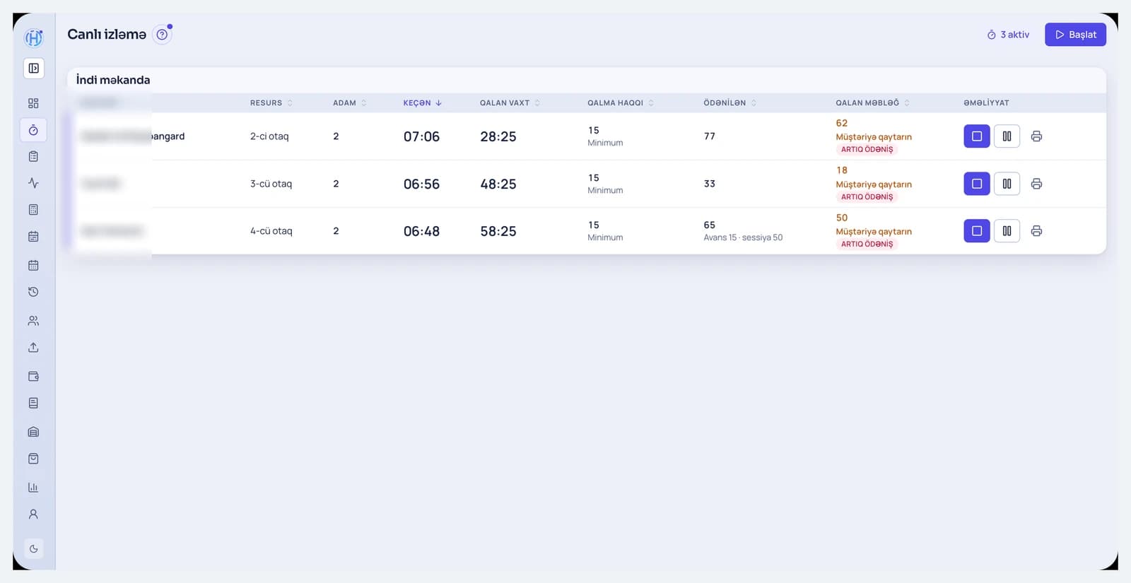 Heselo live floor showing active venue sessions and payment status