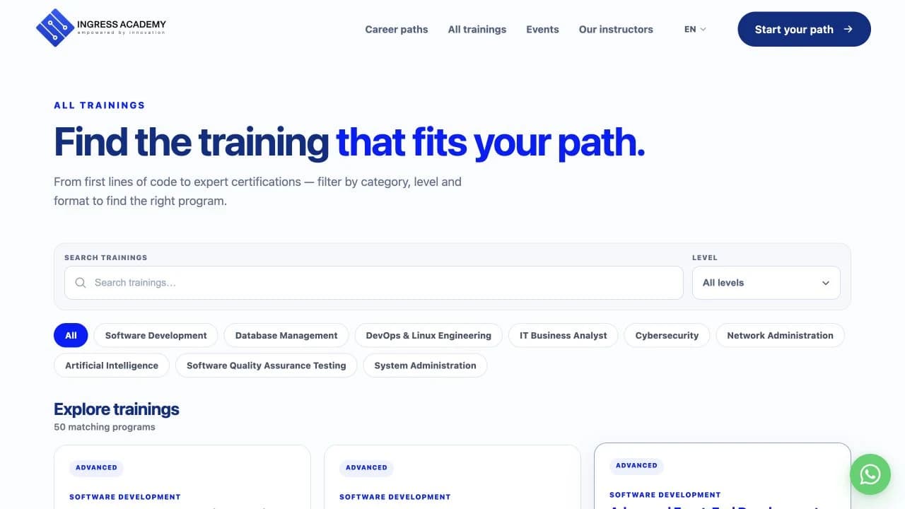 An education platform for an IT academy that helps students discover training programs, find the right course, understand what it covers, and apply.