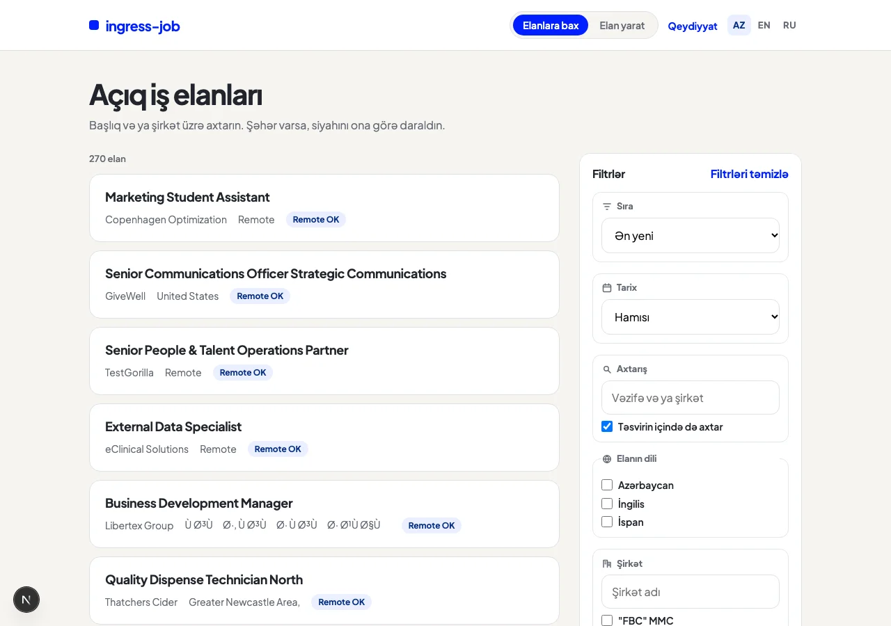 Ingress Job home: open-roles catalogue with filters and featured listing