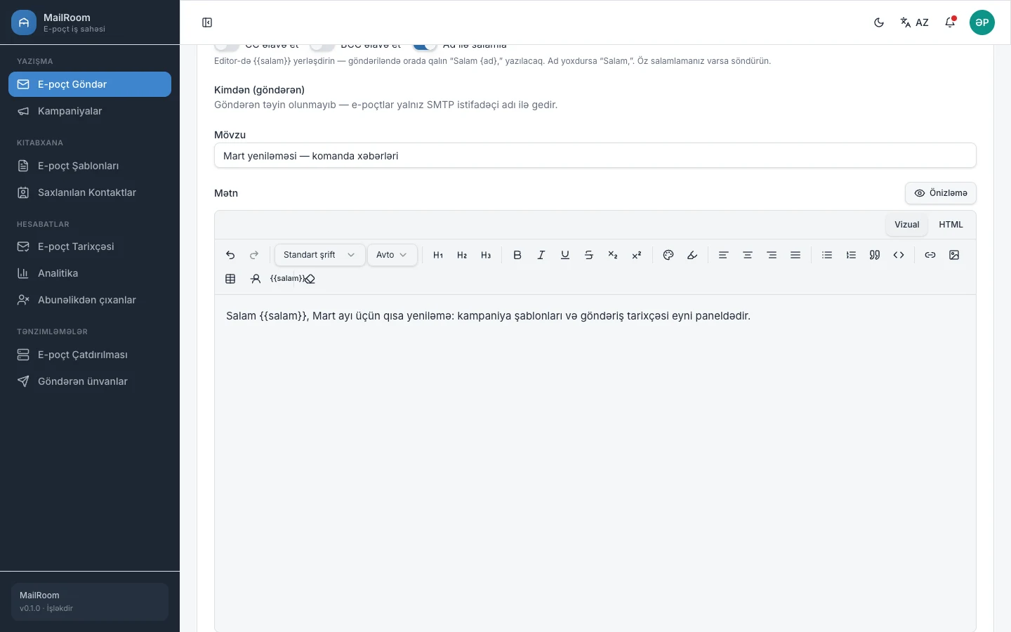 MailRoom compose screen: sidebar navigation, subject line, and visual HTML editor
