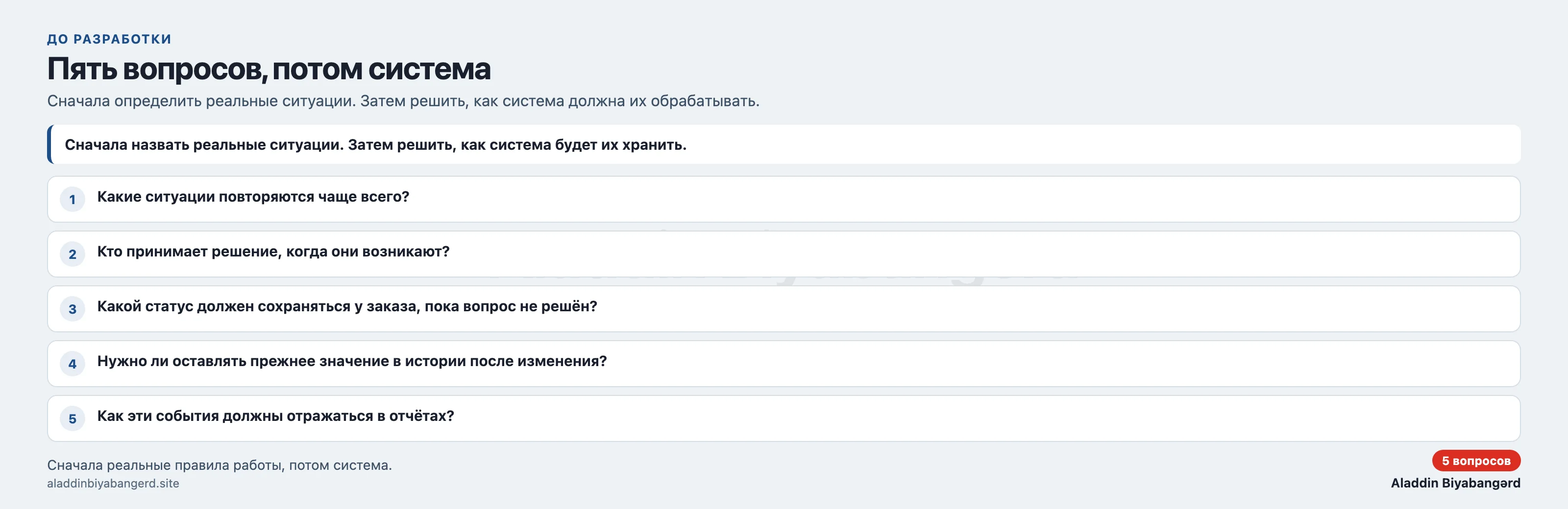 Пять вопросов, на которые нужно ответить до разработки. Сначала определить реальные рабочие ситуации, затем решить, как система должна их обрабатывать.